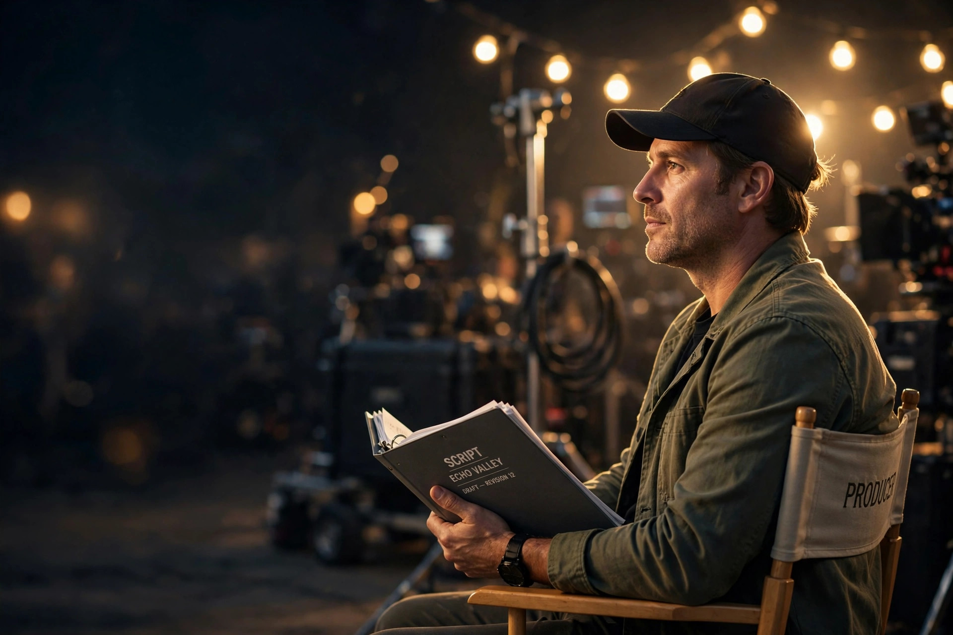 A film producer in a director's chair on set, holding a script