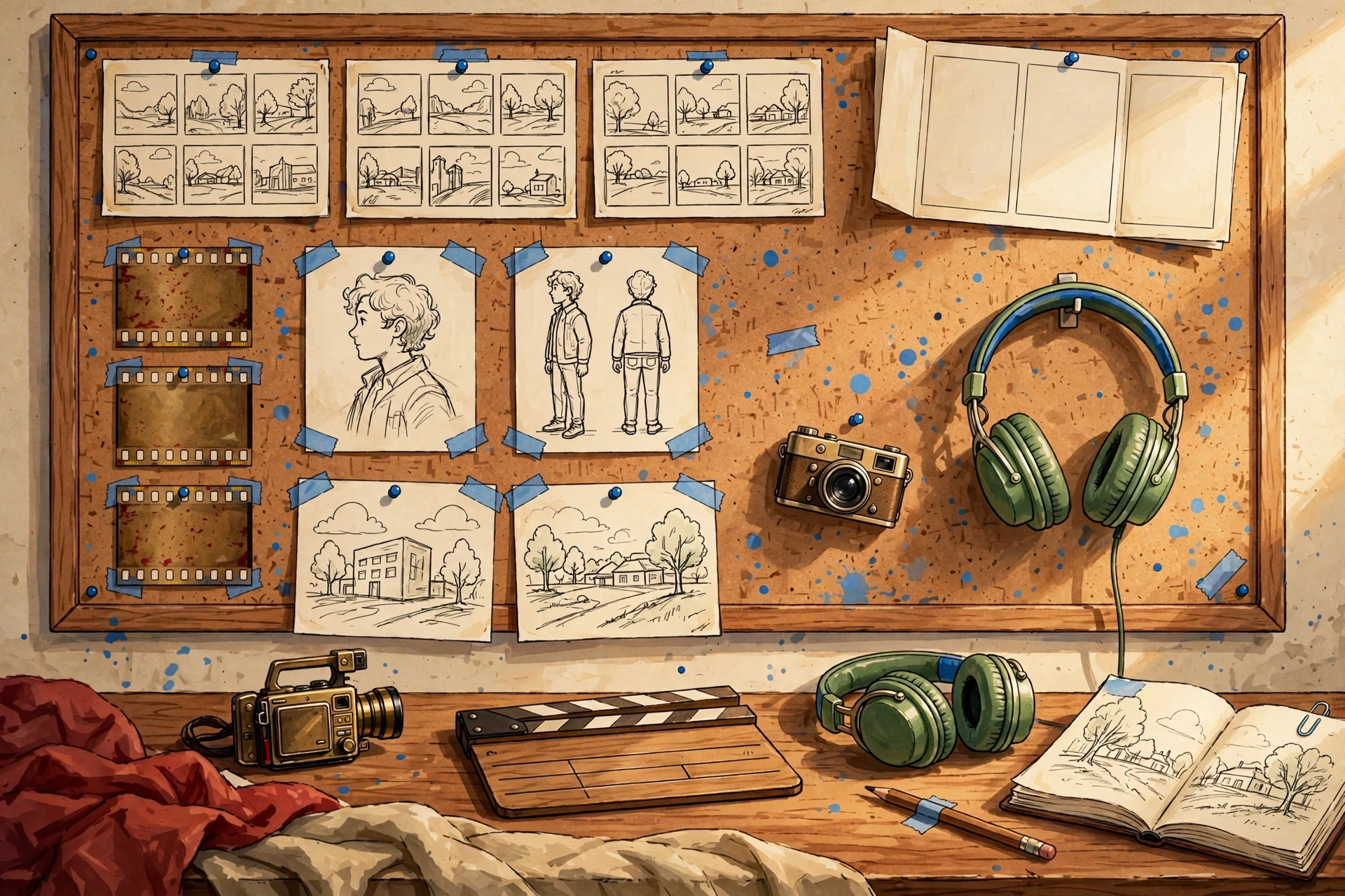 Pre-production artwork: storyboard wall and character sheets